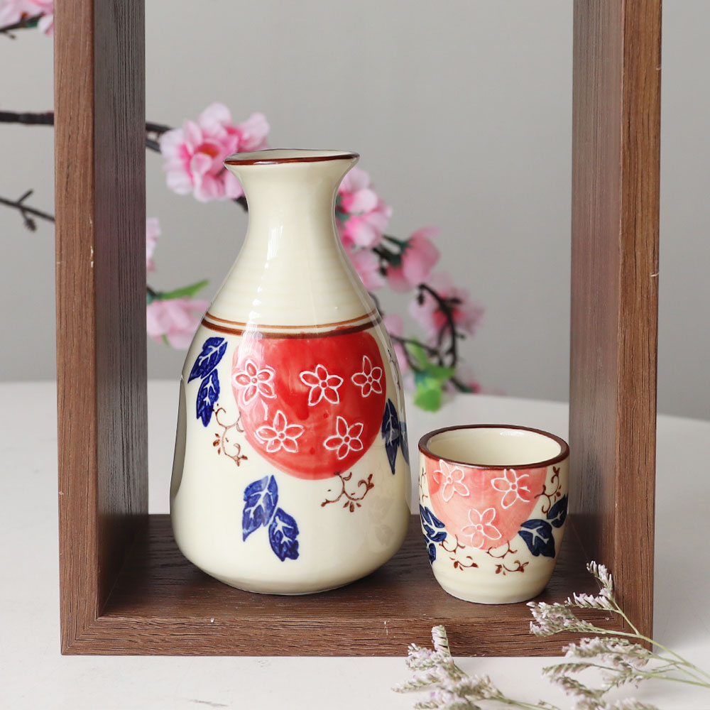 일본 도쿠리 사케병 술잔 2P 세트 도자기 술병 VV CM-150/151 동백 독구리