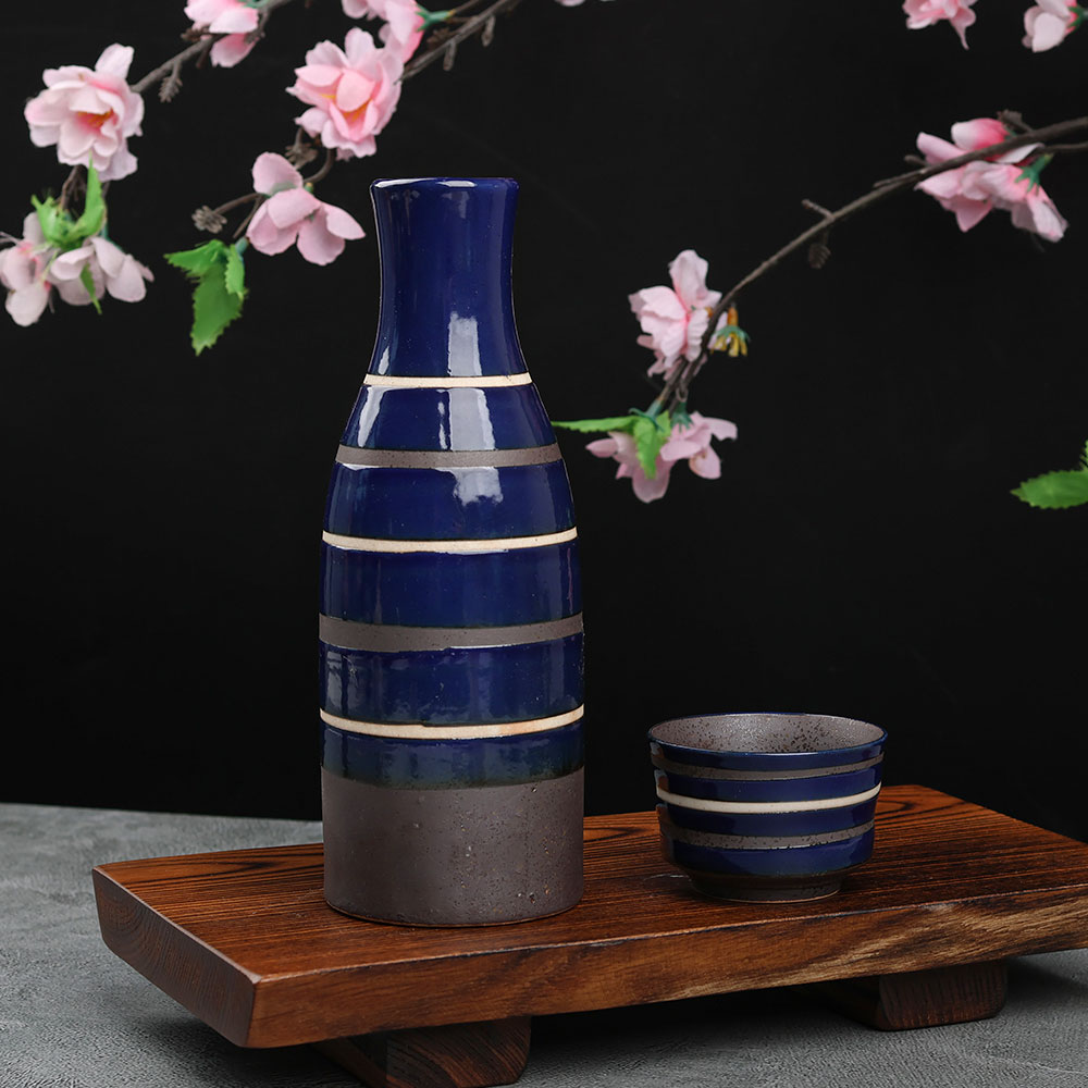 일본 도쿠리 사케병 술잔 2P 세트 도자기 술병 VV 재팬-226/230 라인 블루 독구리