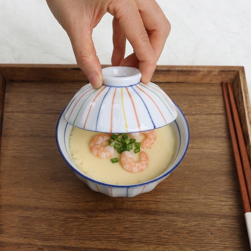 일본 미니 돈부리 오색라인 뚜껑 공기 세트 일식 도자기 그릇 계란찜 소바 UU CM-307