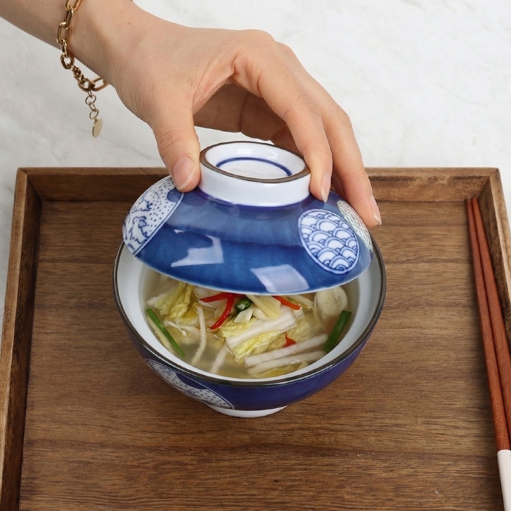일본 작은 돈부리 딥블루 뚜껑 공기 세트 일식 도자기 계란찜 소바 UU CM-306