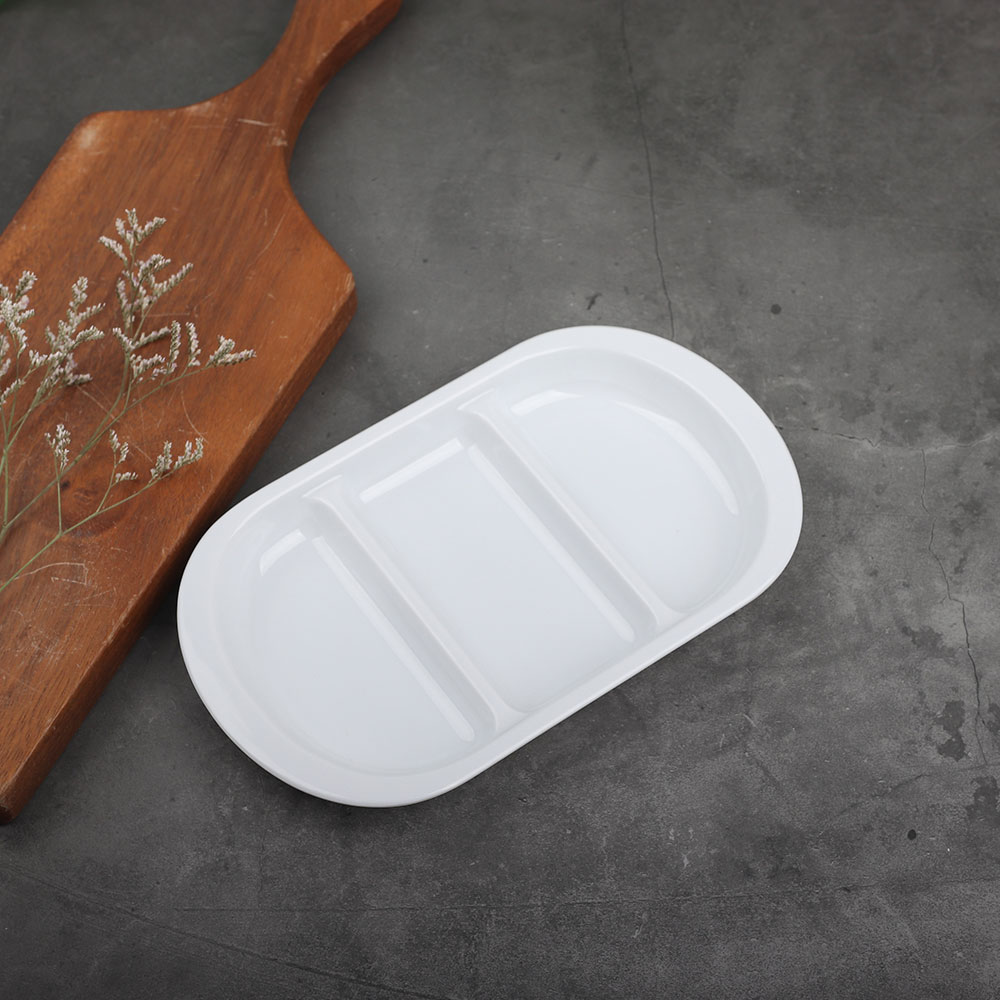 직타원 3절 화이트 UU 순백 멜라민 그릇 반찬 나눔 접시 업소용