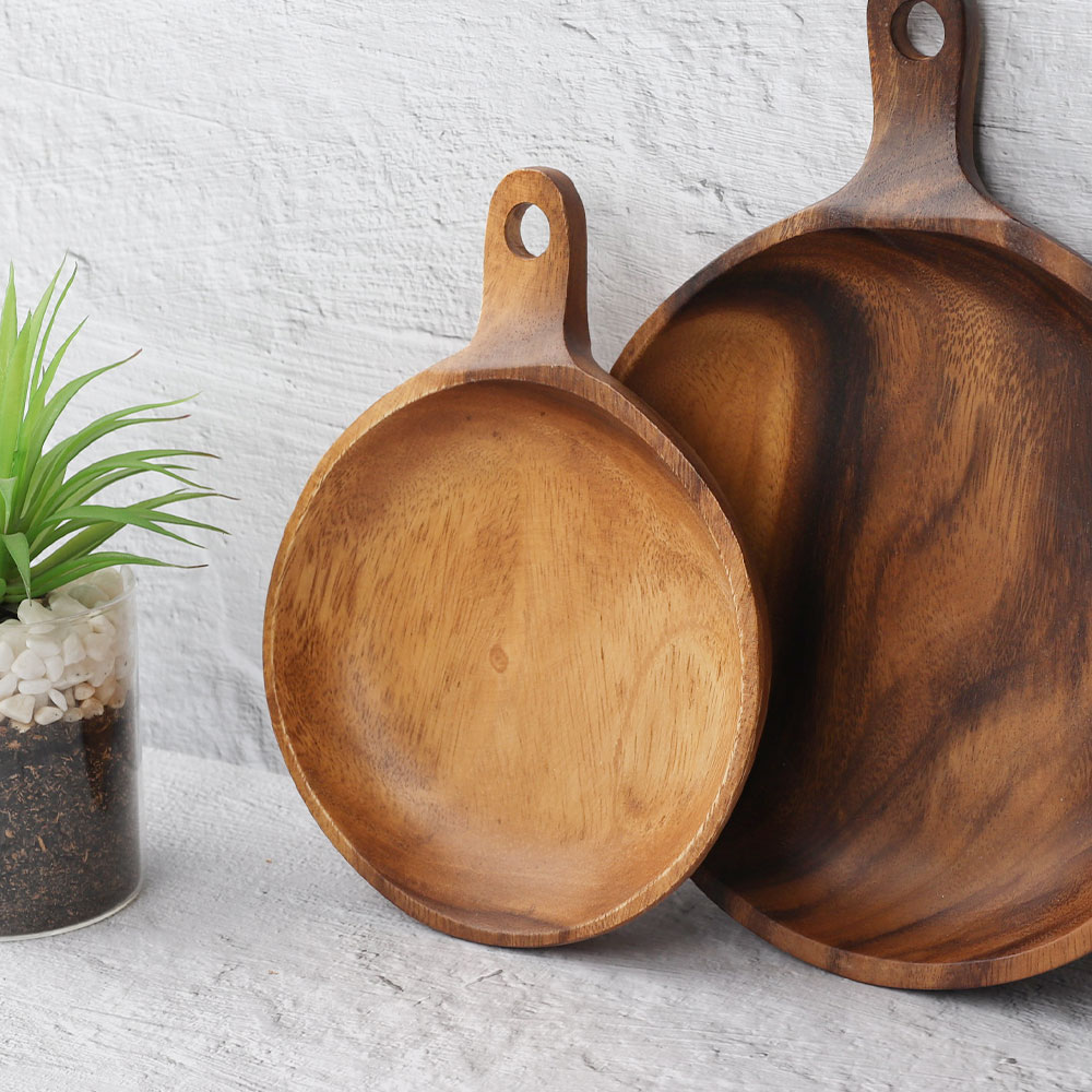 MS 아카시아 손잡이 원형 접시 우드 플레이트 그릇 AA 1호