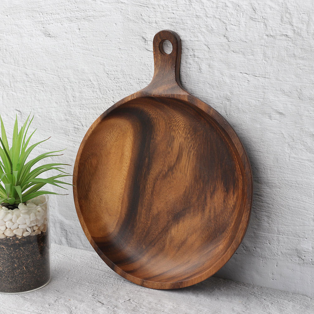 [단일] 아카시아 손잡이 원형 2호 225 접시 우드 플레이트 그릇