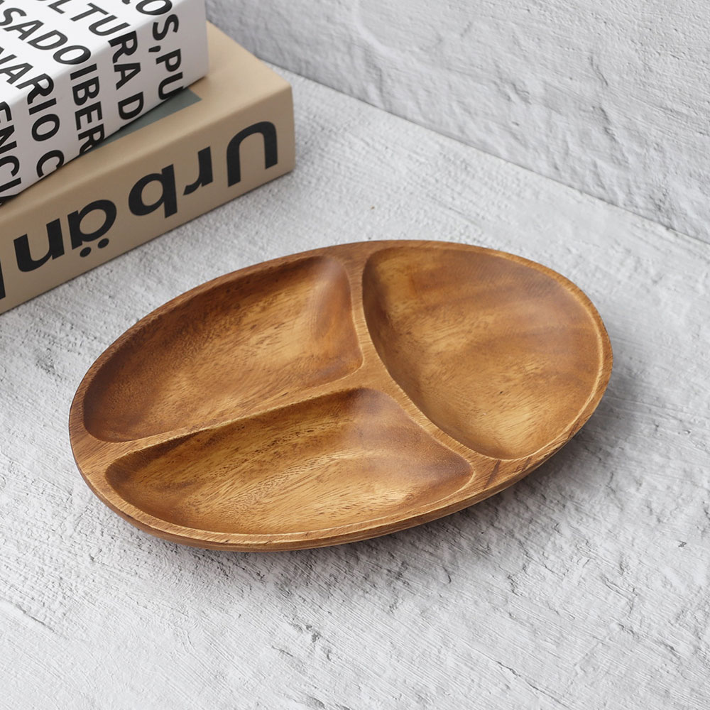 MS 아카시아 타원 3절 나눔 접시 안주 과일 업소용 우드 VV