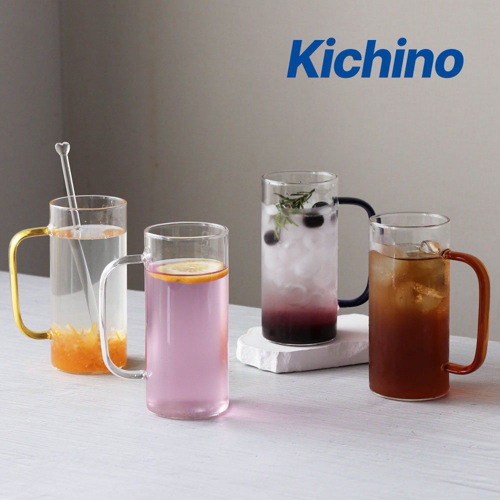 키치노 엘루브 컬러 손잡이 내열 머그 380ml 4p 세트 유리 컵 일자 VV