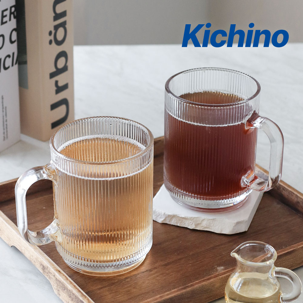 키치노 리브온 칼립소 유리 머그 컵 390ml 4p 세트 홈카페 커피잔 줄무늬 VV