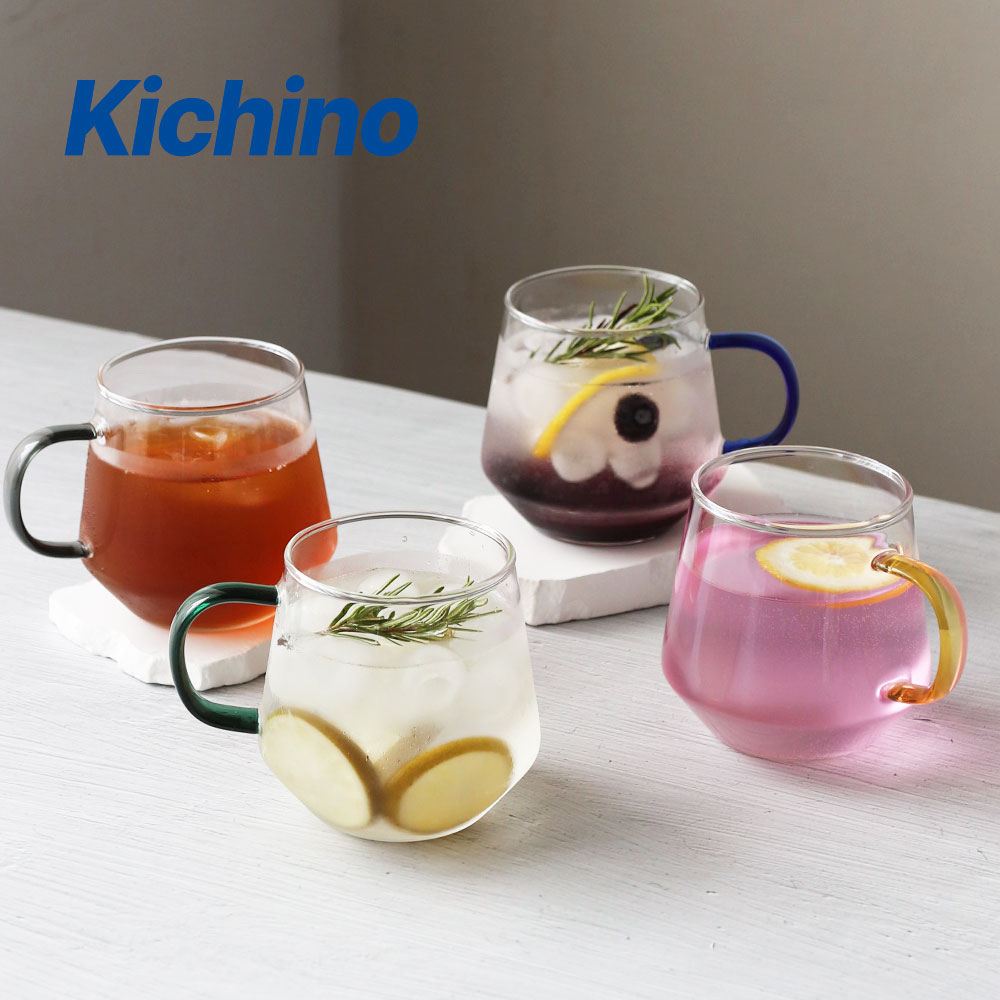 키치노 모네르 내열 머그 400ml 4p 세트 컬러 손잡이 유리 컵 커피 잔 VV